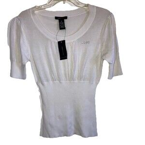 BCBG MAX AZRIA sz M Smooth Cotton Knit Stretch Rhinestone Logo Top Neutral